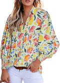 Astylish Women Casual Cute Lantern Sleeve Versatile Button Down Boho Blouse Beautiful Flattering Modern V-Neck Print Shirt Sprin
