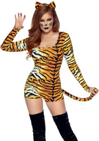 2 PC Untamed Tiger, includes tiger print spandex romper with attached tail and tiger ear headband.
