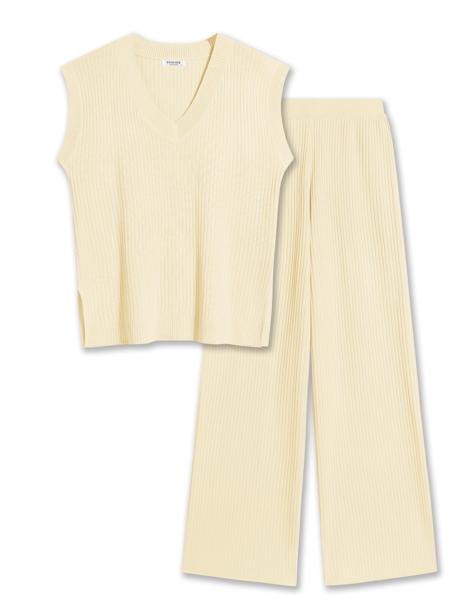 Ekouaer Lounge Sets for Women 2 Piece Outfits Knit Cap Sleeve PJ Tops Long Pajama Pants Casual Sweater Set Beige S