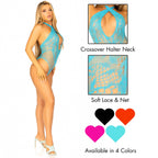 Lace And Net Keyhole Crossover Halter Teddy.