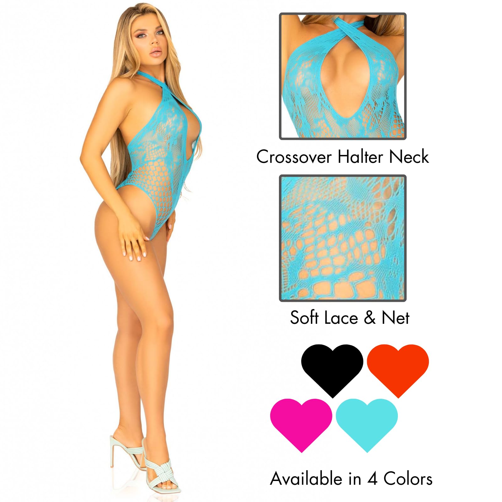Lace And Net Keyhole Crossover Halter Teddy.