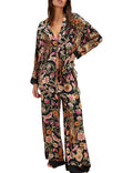 Yimoon Womens Satin Pajama Set Floral Silk Pajamas 2 Piece Cute Long Sleeve Button Down Pjs Sleepwear Lounge Set(BlackFloral-S)