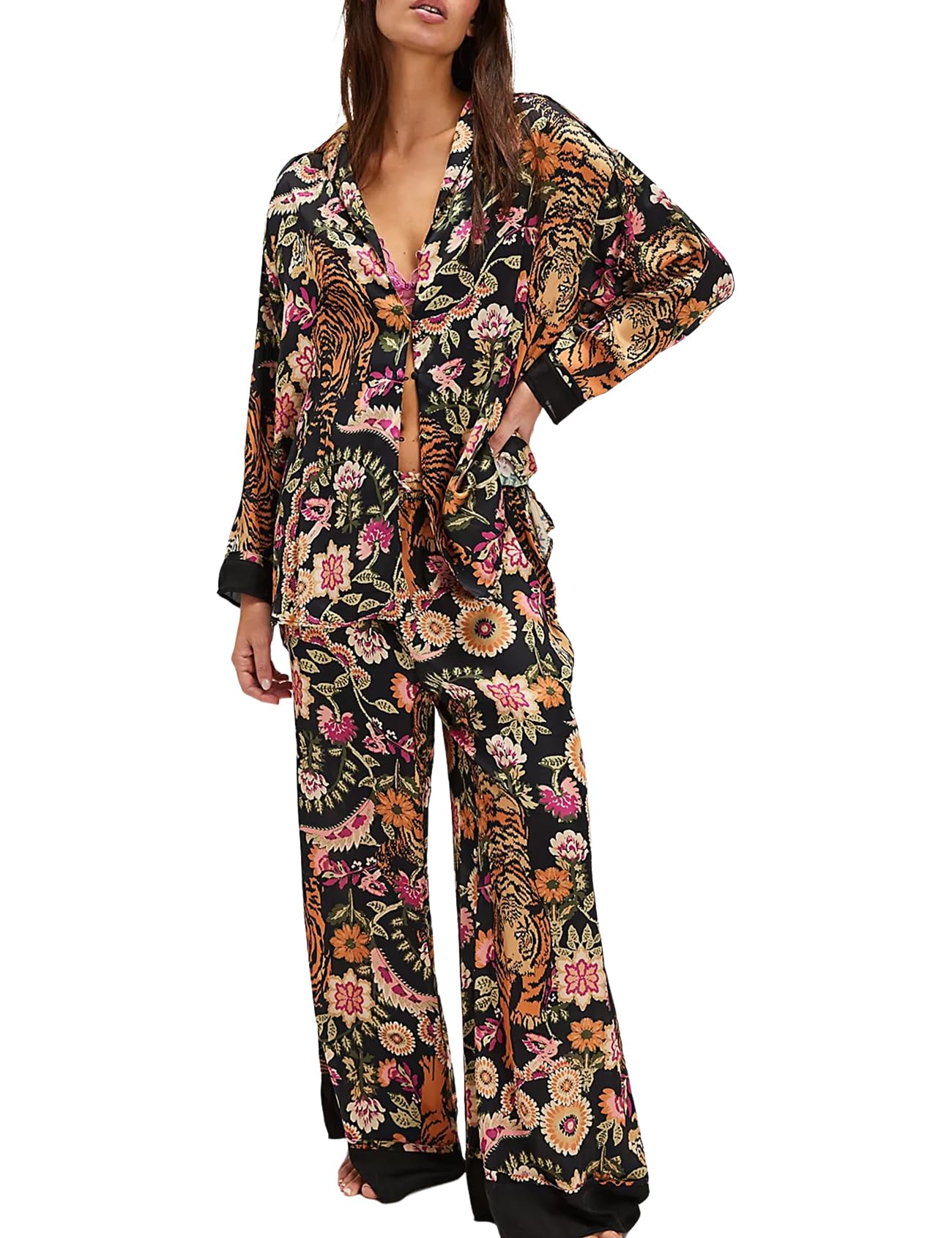 Yimoon Womens Satin Pajama Set Floral Silk Pajamas 2 Piece Cute Long Sleeve Button Down Pjs Sleepwear Lounge Set(BlackFloral-S)