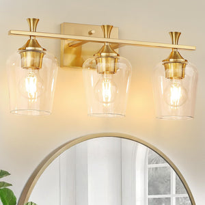 3 Light Bathroom Vanity Light Fixtures,Modern Brushed Gold Vanity Lights With High Clear Wine Glass Bathroom Lighting Over Mirro