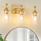 3 Light Bathroom Vanity Light Fixtures,Modern Brushed Gold Vanity Lights With High Clear Wine Glass Bathroom Lighting Over Mirro