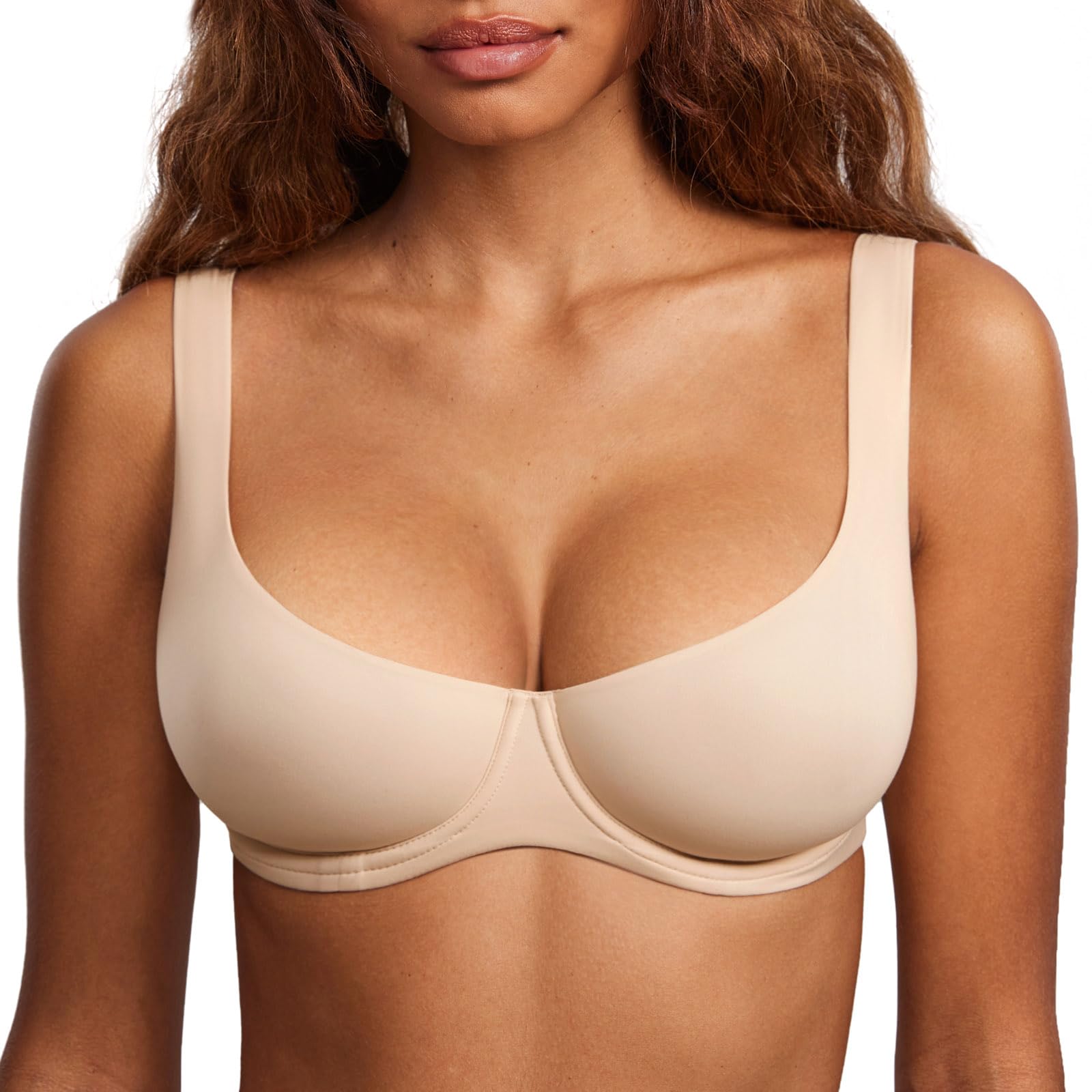 DOBREVA Womens Unlined Balconette Bra Underwire Supportive Plus Size Smooth Scoop Neck Beige - Unlined 32A
