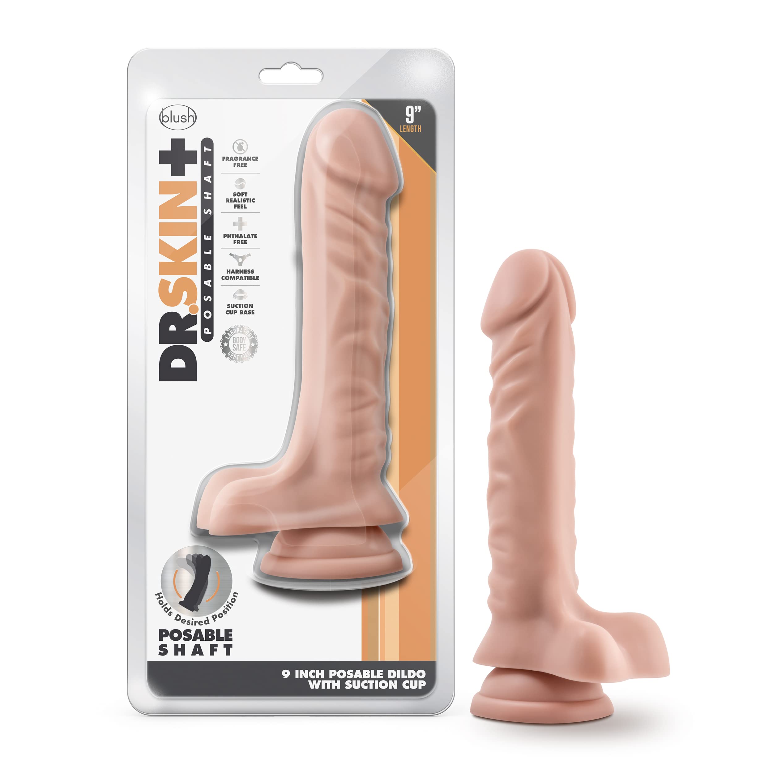 Blush Novelties Dr. Skin Plus, 9 Inch Realistic Posable Dildo with Balls - Suction Cup Base for Hands Free Play and Harness Comp