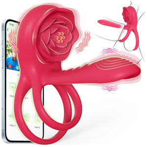 Vibrating Cock Ring Penis Sleeve with Rose Clitoral Stimulator, Penis Ring Vibrator Couples Adult Sex Toys for Men Women, Male F