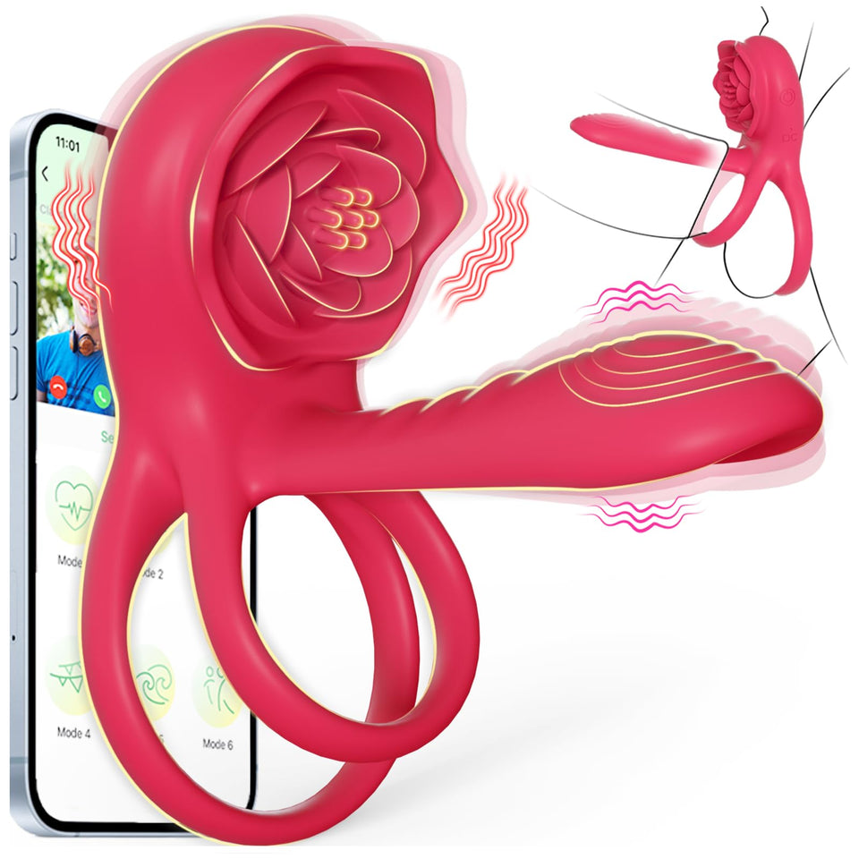Vibrating Cock Ring Penis Sleeve with Rose Clitoral Stimulator, Penis Ring Vibrator Couples Adult Sex Toys for Men Women, Male F