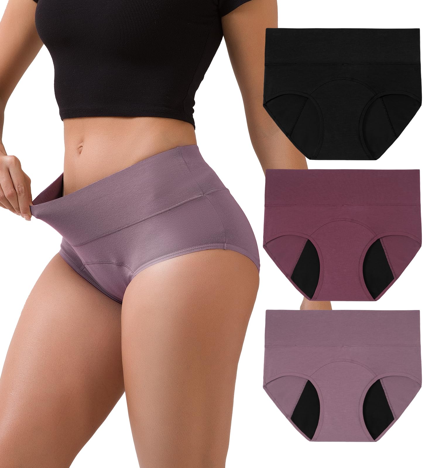 INNERSY Period Underwear for Women Leakproof High Waisted Menstrual Cotton Panties 3 Pack(X-Large, Midnight Iris)