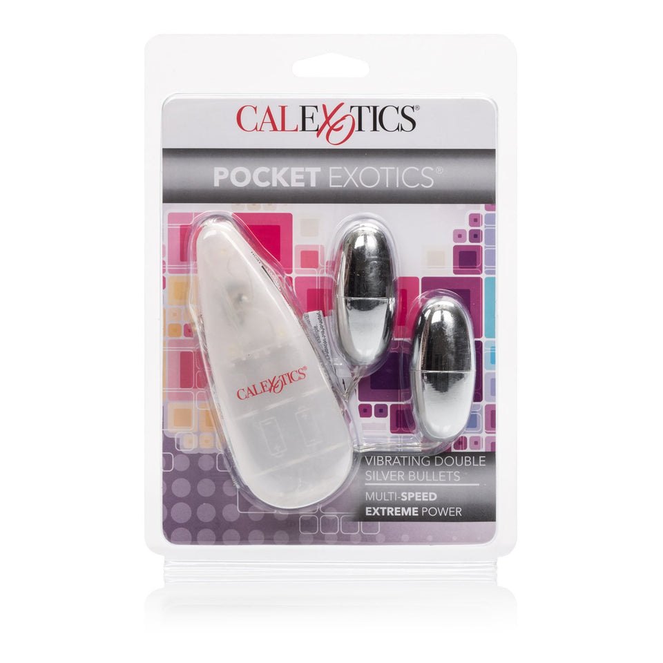 Calexotics Pocket Exotics Wired Remote Double Bullet Vibrator - Sex Toys For Couples - Adult Vibe Eggs Massager - Silver