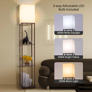 Gupuzm Floor Lamp With Shelves, Modern Square Standing Lamp With 3 Color Temperature Bulb, Corner Display Bookshelf Lamp For Liv