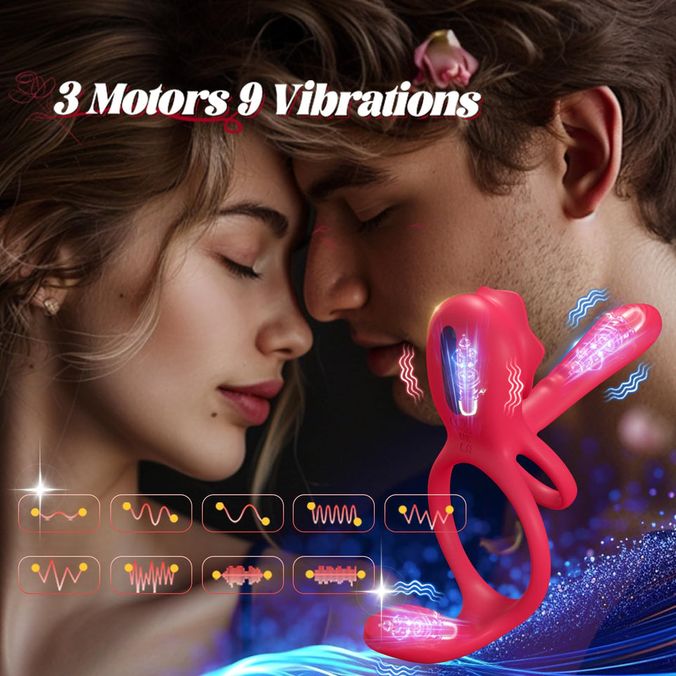 Vibrating Cock Ring Penis Sleeve with Rose Clitoral Stimulator, Penis Ring Vibrator Couples Adult Sex Toys for Men Women, Penis