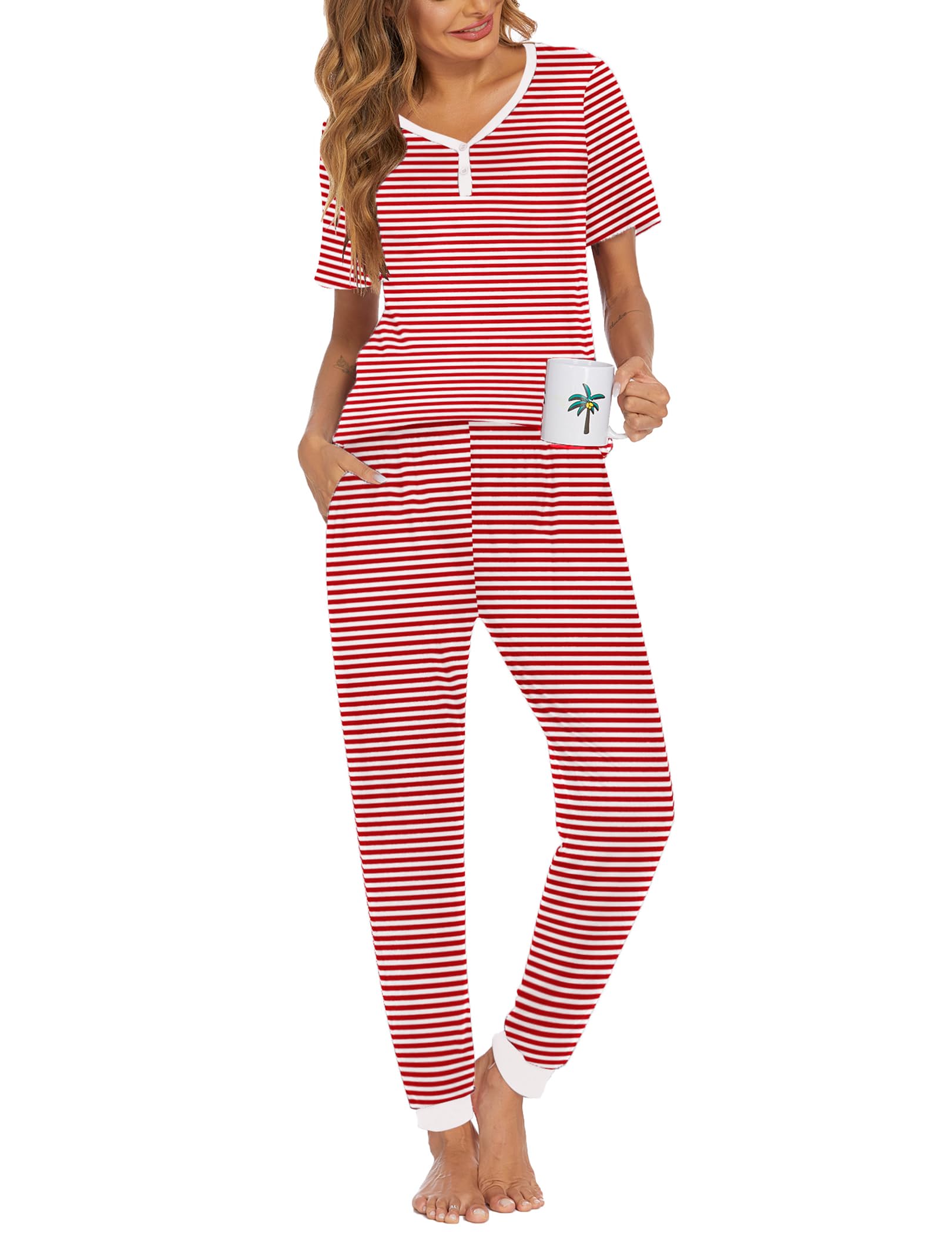 Ekouaer Pajamas for Women Set 2 Piece Lightweight Summer Lounge Sets Short Sleeve Tops Joggers Long Pants Pjs with Pockets red s