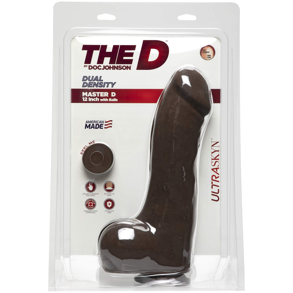 Doc Johnson The D - Master D - 12 Inch With Balls - Ultraskyn - 12&quot; Long And 3.5&quot; Wide - Strong Suction Cup Base - O-Ring Harness Compatible Dildo, Chocolate (1700-66-Am)