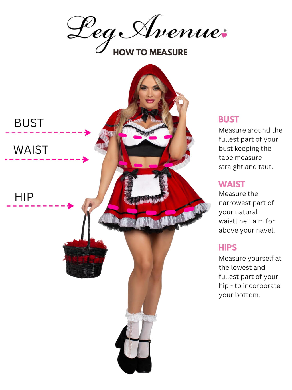 3 PC Flirty Miss Red, includes lace trimmed crop top, suspender skirt, and hooded cape.