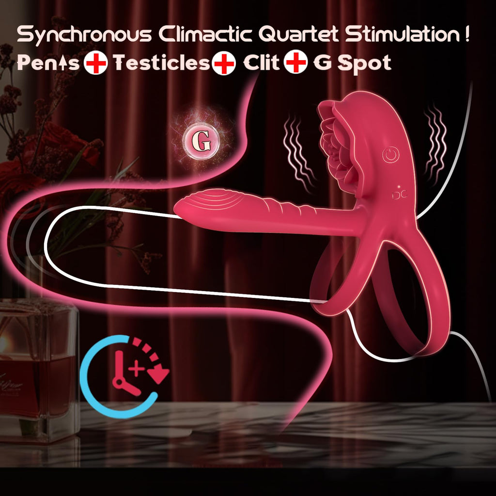 Vibrating Cock Ring Penis Sleeve with Rose Clitoral Stimulator, Penis Ring Vibrator Couples Adult Sex Toys for Men Women, Male F