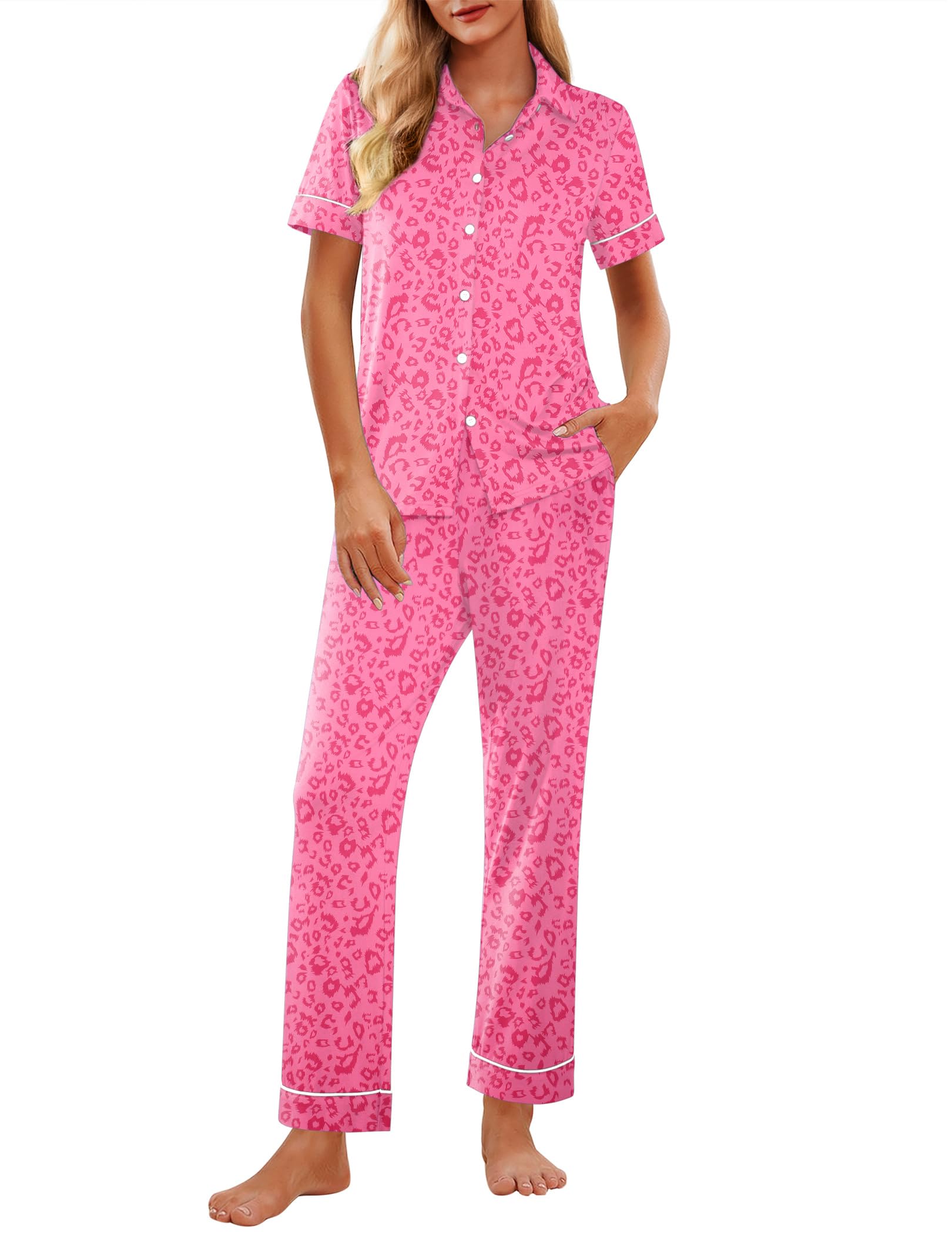 Ekouaer Womens Pajama Sets 2 Piece Button Down Short Sleeve Pjs Set Soft Lounge Set with Long Pants