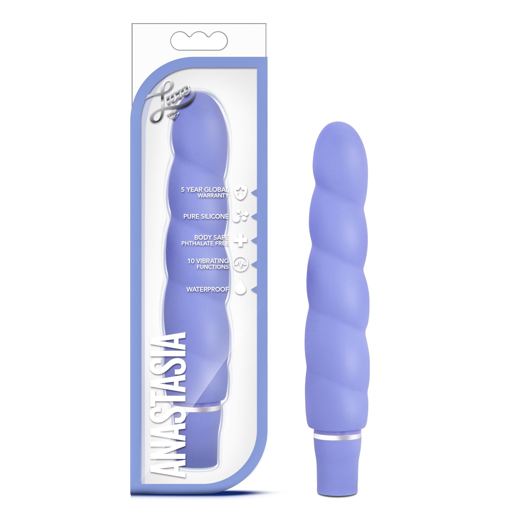 Blush Novelties Luxe Anastasia - 6 1/2 Inch 10 Vibrating Functions Spiral Platinum Silicone AA Battery Powered Vibrator - Ribbed
