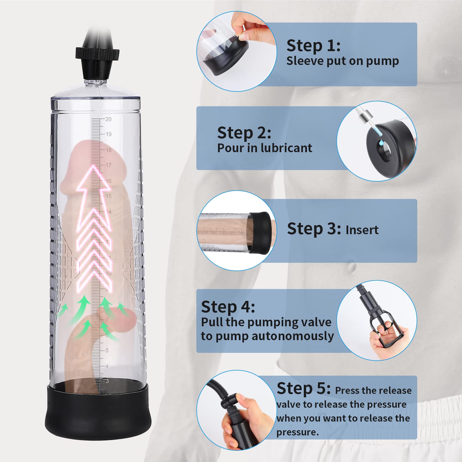 Live4Cool Vacuum Penis Pump Strengthen Manual Penis Enlarger Booster Extender Device For Men Penis Massage Care Male Sex Toy With 1Pcs Lifelike Vagina Sleeve, 3Pcs Suction Sleeves In 3 Sizes