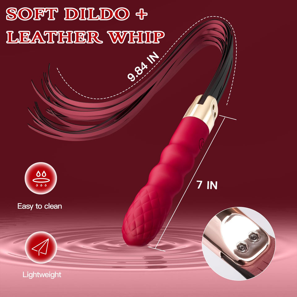 Sex Whip with G Spot Vibrators - BDSM Leather Sex Whips Female Sex Toys Dildo Vibrator with 10 Vibrating Pattern, Couples Adult