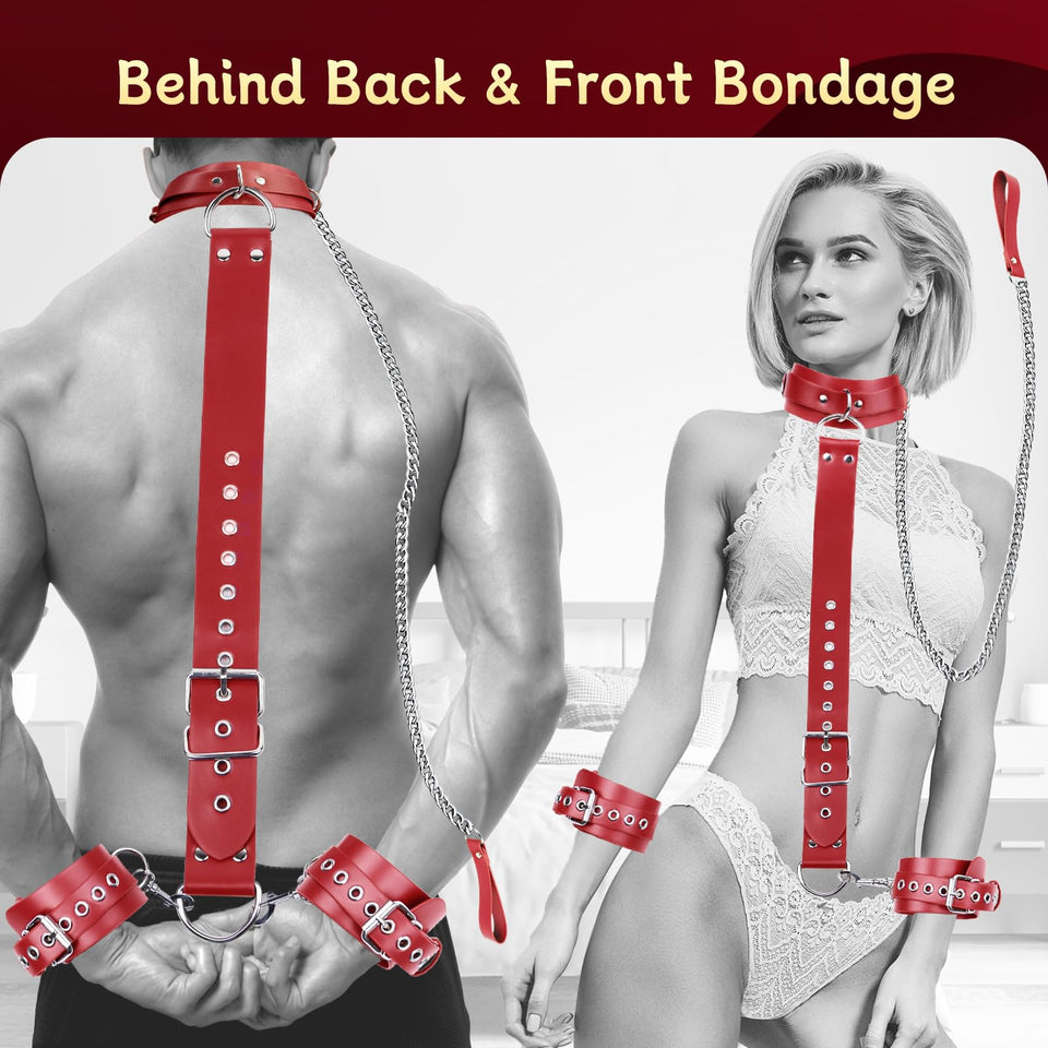 BDSM Bondage Sex Restraints Set Couples Sex Toys, Neck to Wrist Restraints Kit with Traction Chain Back Sex Handcuffs Collar Adj