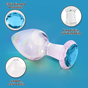 Crystal Glass Anal Plug with Luxury Jewelry Butt Plug Fetish Anus Stimulation Unisex Adult Anal Sex Toy (Light Blue, L)