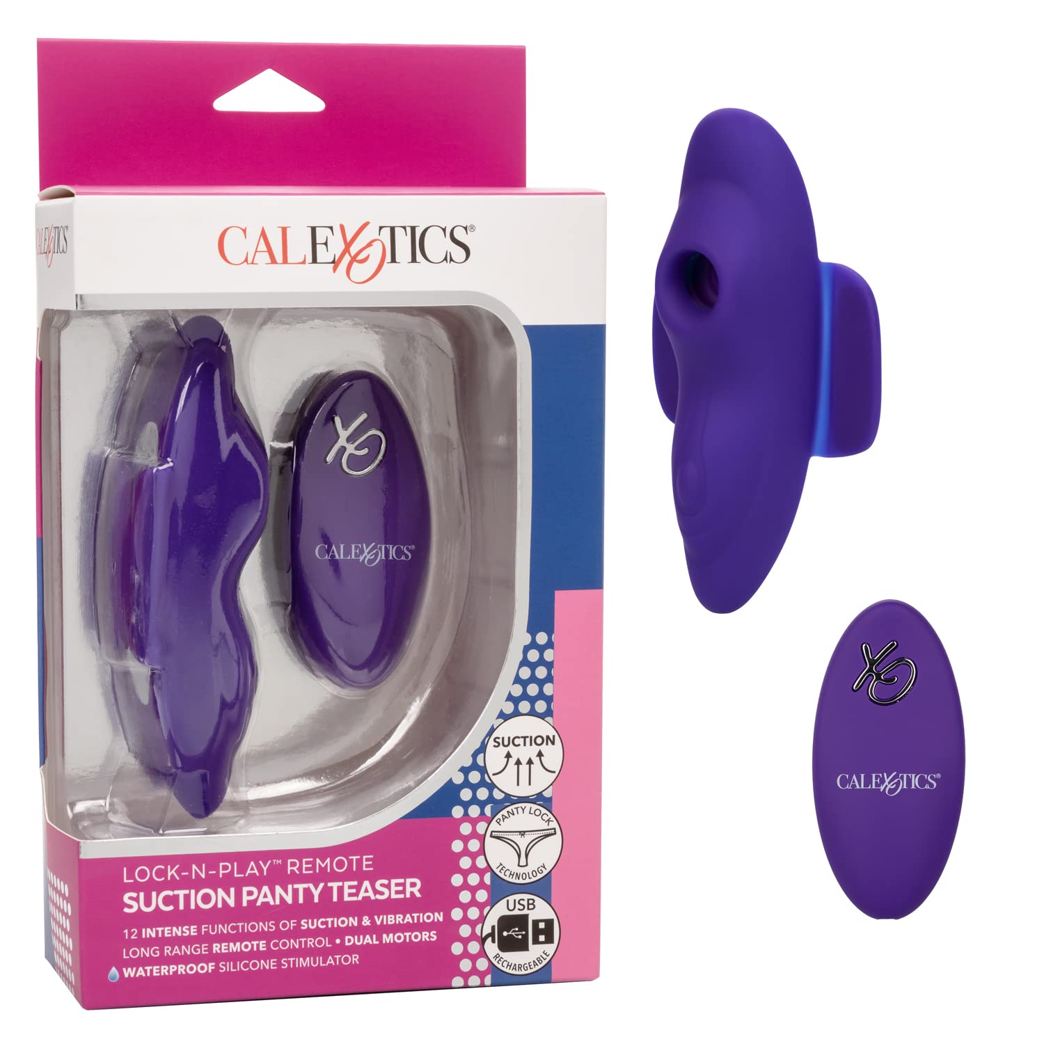CalExotics Lock-N-Play Remote Suction Panty Teaser, Rechargeable 12-Function Suction and Vibration Waterproof Silicone Clitoral 