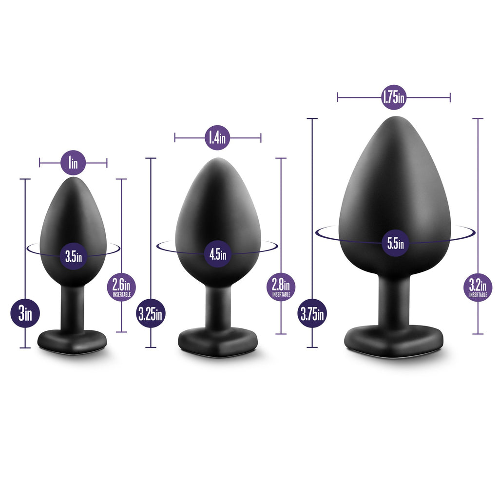 Blush Novelties Luxe - Anal Bling Butt Plug Heart Shape Gem Sex Toy 3 Piece Training Kit Soft Satin Silicone - Black Rainbow Gem