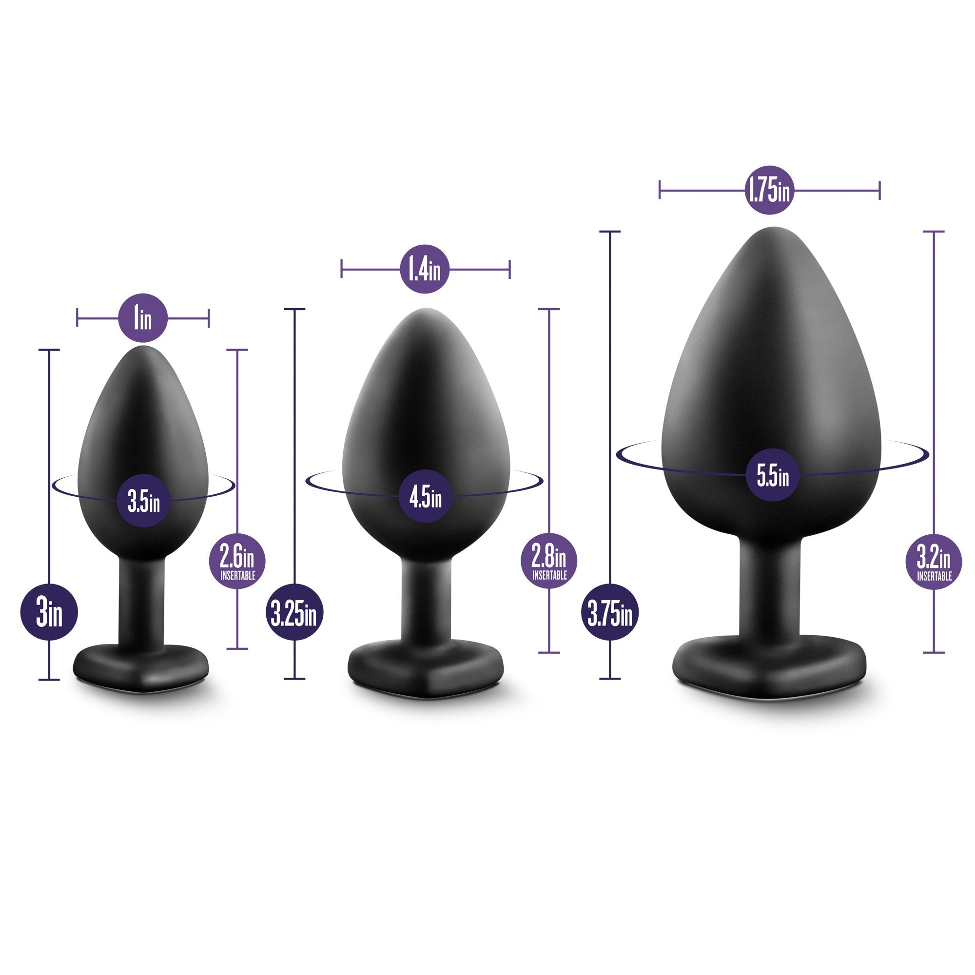 Blush Novelties Luxe - Anal Bling Butt Plug Heart Shape Gem Sex Toy 3 Piece Training Kit Soft Satin Silicone - Black Rainbow Gem