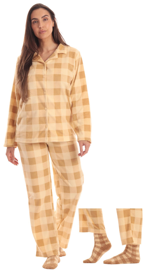 #followme Printed Microfleece Button Front PJ Pant Set with Socks 6370-10195-SUEDE-3X