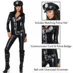 5 Pc Officer Payne, Includes Button Front Lame Catsuit, Communicator Cord Accent, Badge, Belt With Oversized Grommets And Pocket