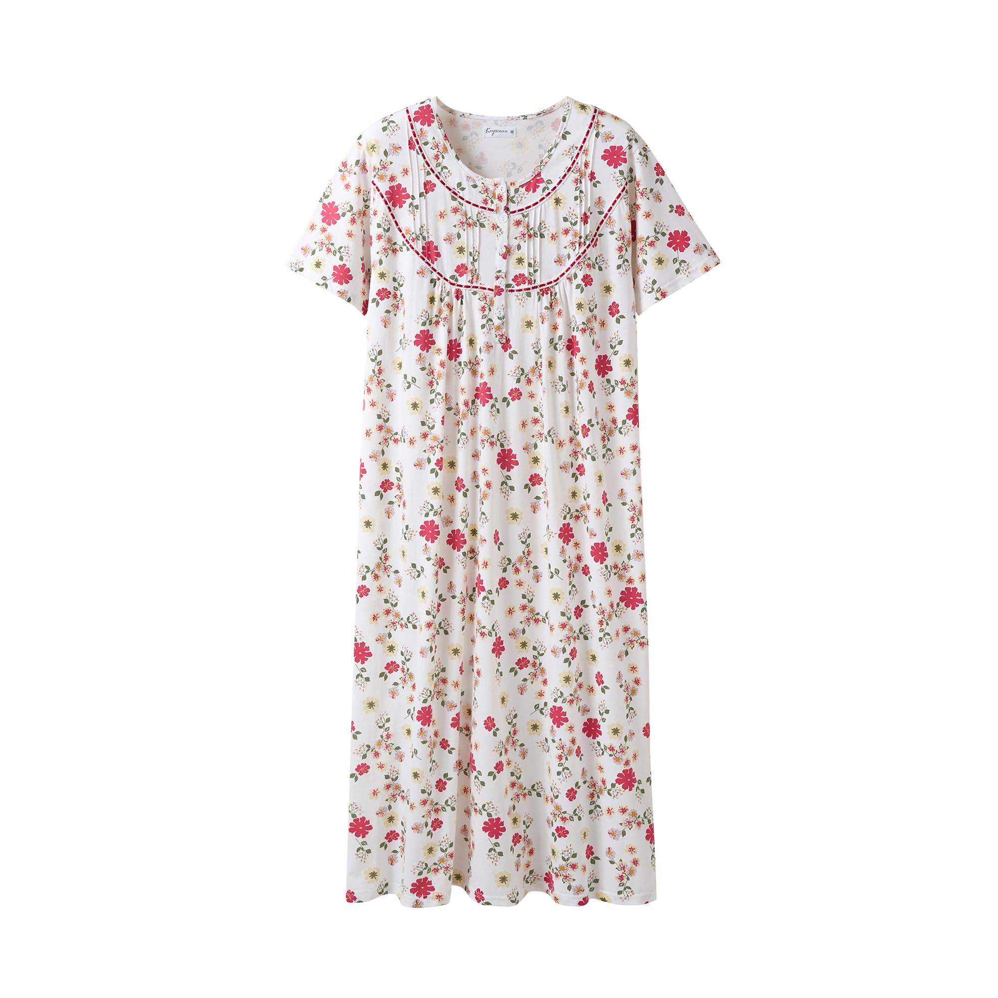 Keyocean Nightgowns for Women, Soft Cotton Comfy Lightweight Short Sleeves Ladies Nightdress, Red Flower, Medium
