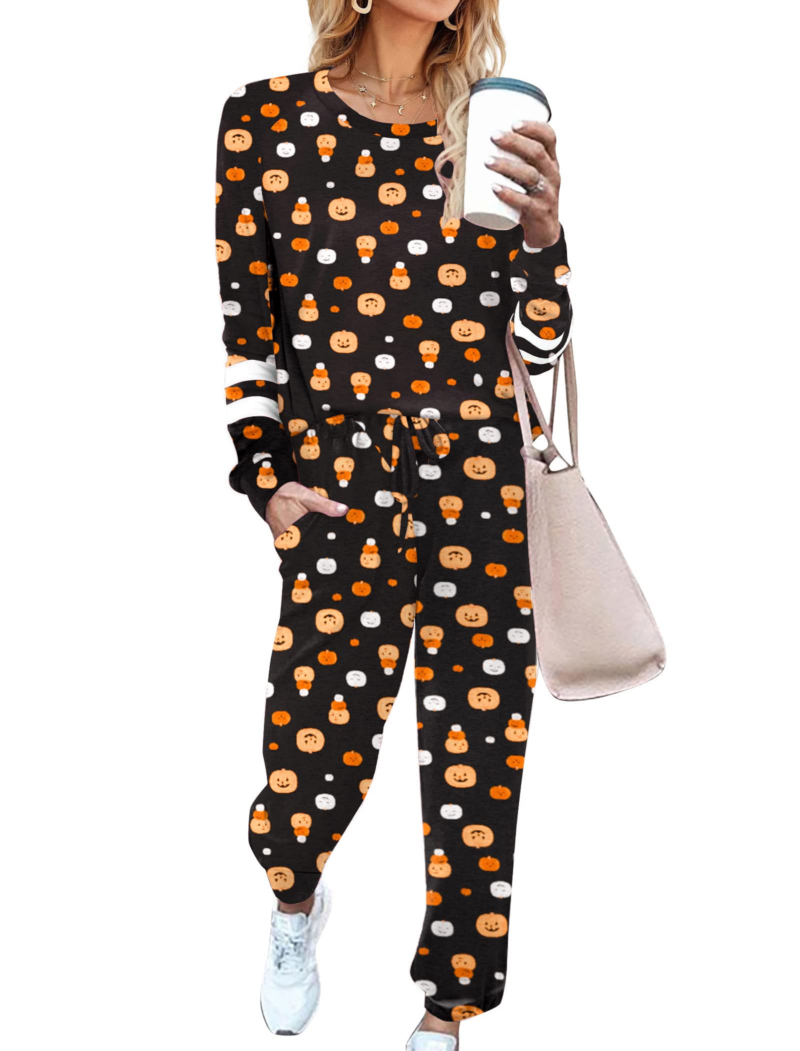 Ekouaer Sweatsuits Womens Loungewear Set Tracksuit Long Sleeve Pajamas Set with Pockets 2 Piece Outfits Lounge Sets Halloween Pu