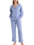 COZYPOIN Womens Gingham Pajama Sets Scalloped Collar Cotton Plaid Button Down Long Sleeve Shirt and Pants Y2K Lounge Set(Navy-XL