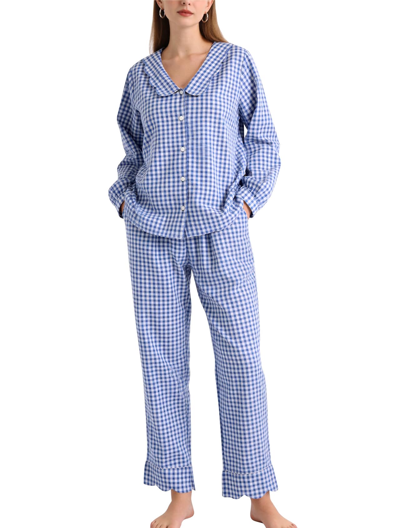 COZYPOIN Womens Gingham Pajama Sets Scalloped Collar Cotton Plaid Button Down Long Sleeve Shirt and Pants Y2K Lounge Set(Navy-XL