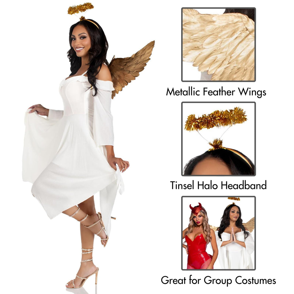 2 Pc Metallic Angel Wings And Tinsel Halo Headband.