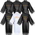 Coume Set of 6 Bride Bridesmaid Robes with Lace Trim Bridal Party Matron Maid of Honor Robes Silk Satin Gown for Wedding(Black)
