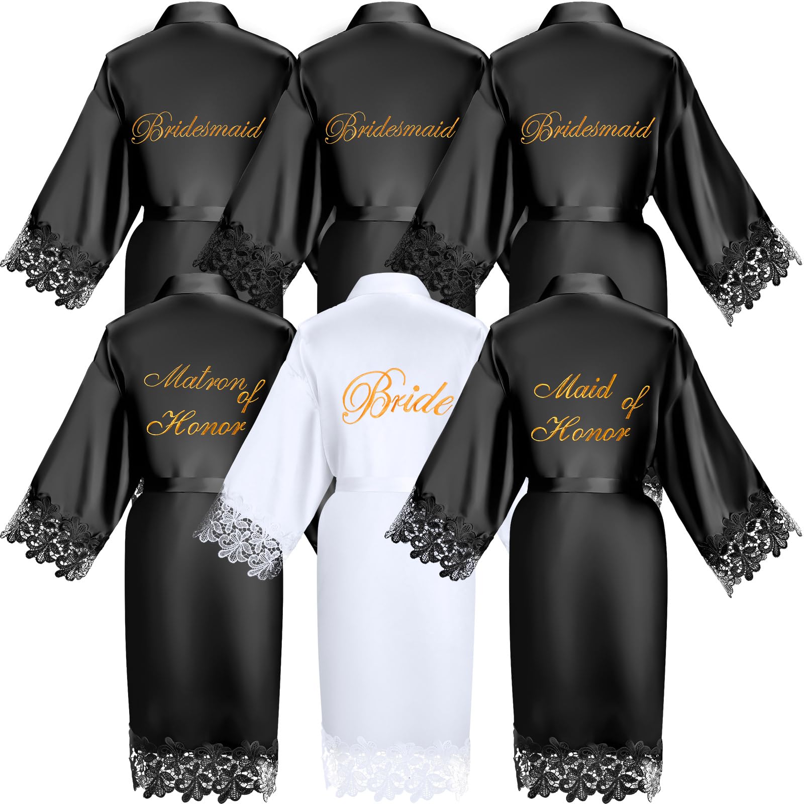 Coume Set of 6 Bride Bridesmaid Robes with Lace Trim Bridal Party Matron Maid of Honor Robes Silk Satin Gown for Wedding(Black)