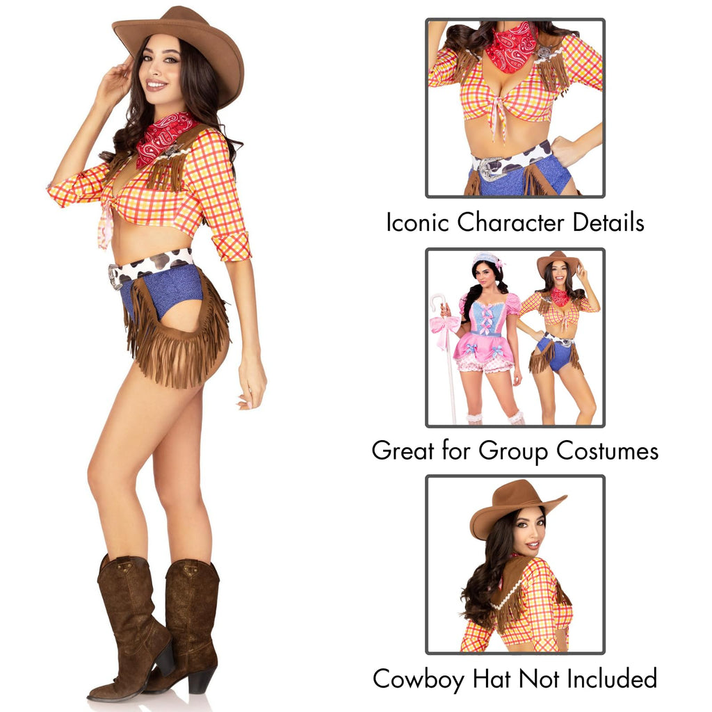 5 Pc Playful Cowboy, Includes Tie Front Crop Top With Fringe Detail, High Waist Bottoms, Belt With Fringe Accent, Pin On Sheriff