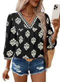 SHEWIN Womens Summer Tops 2026 Mid Length Sleeve Shirts V Neck Floral Blouse Flowy Spring Tops for Women Blouses Black Medium