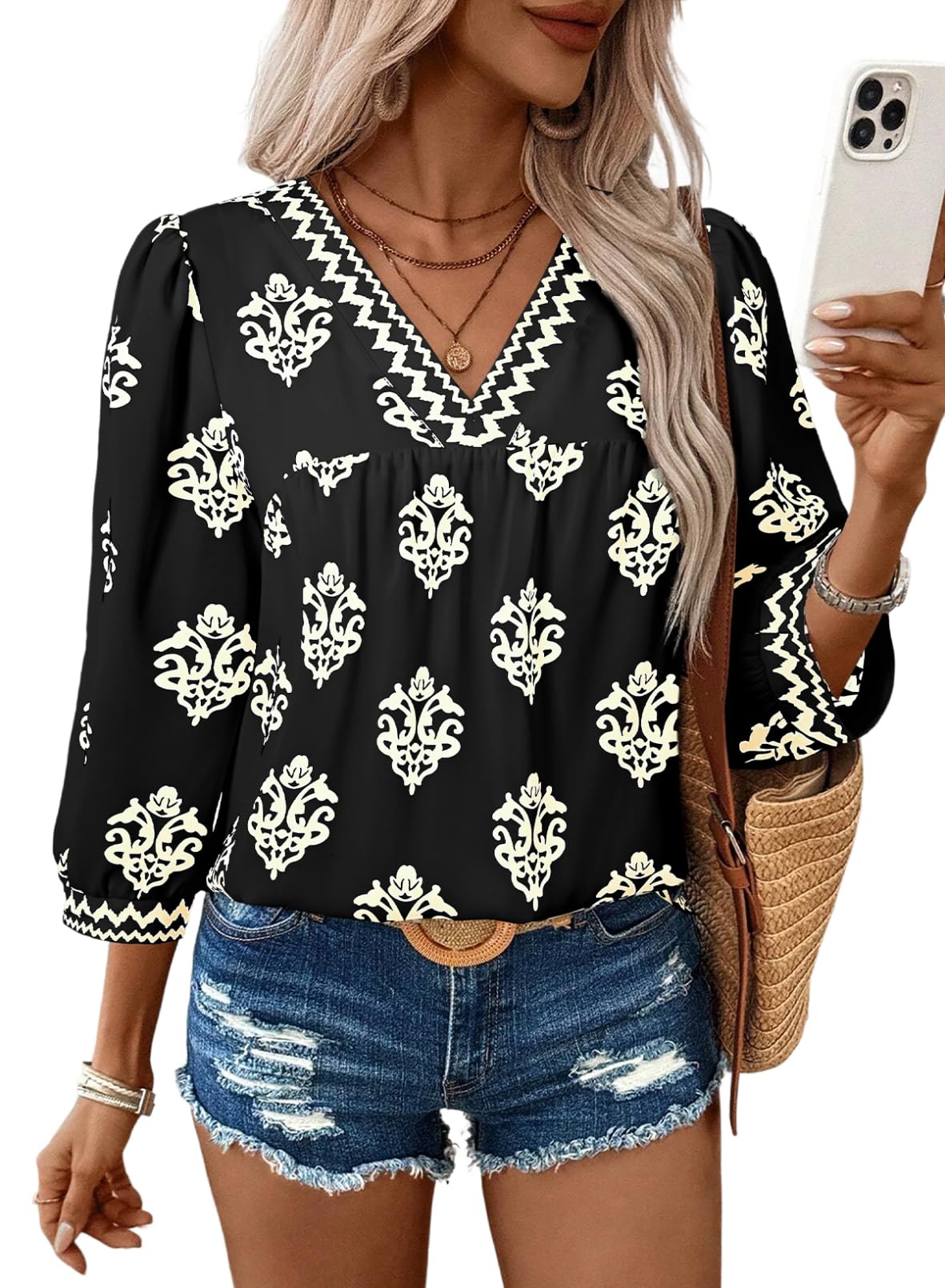 SHEWIN Womens Summer Tops 2026 Mid Length Sleeve Shirts V Neck Floral Blouse Flowy Spring Tops for Women Blouses Black Medium