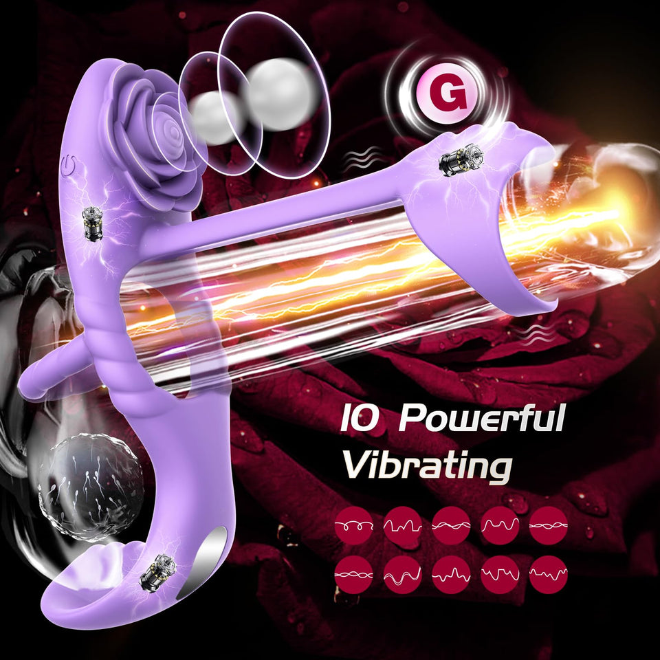 Vibrating Cock Ring Vibrator for Couples, Erection Penis Ring Sex Toys with Rose Clitoral Stimulator, Male Sex Toy with 10 Vibra