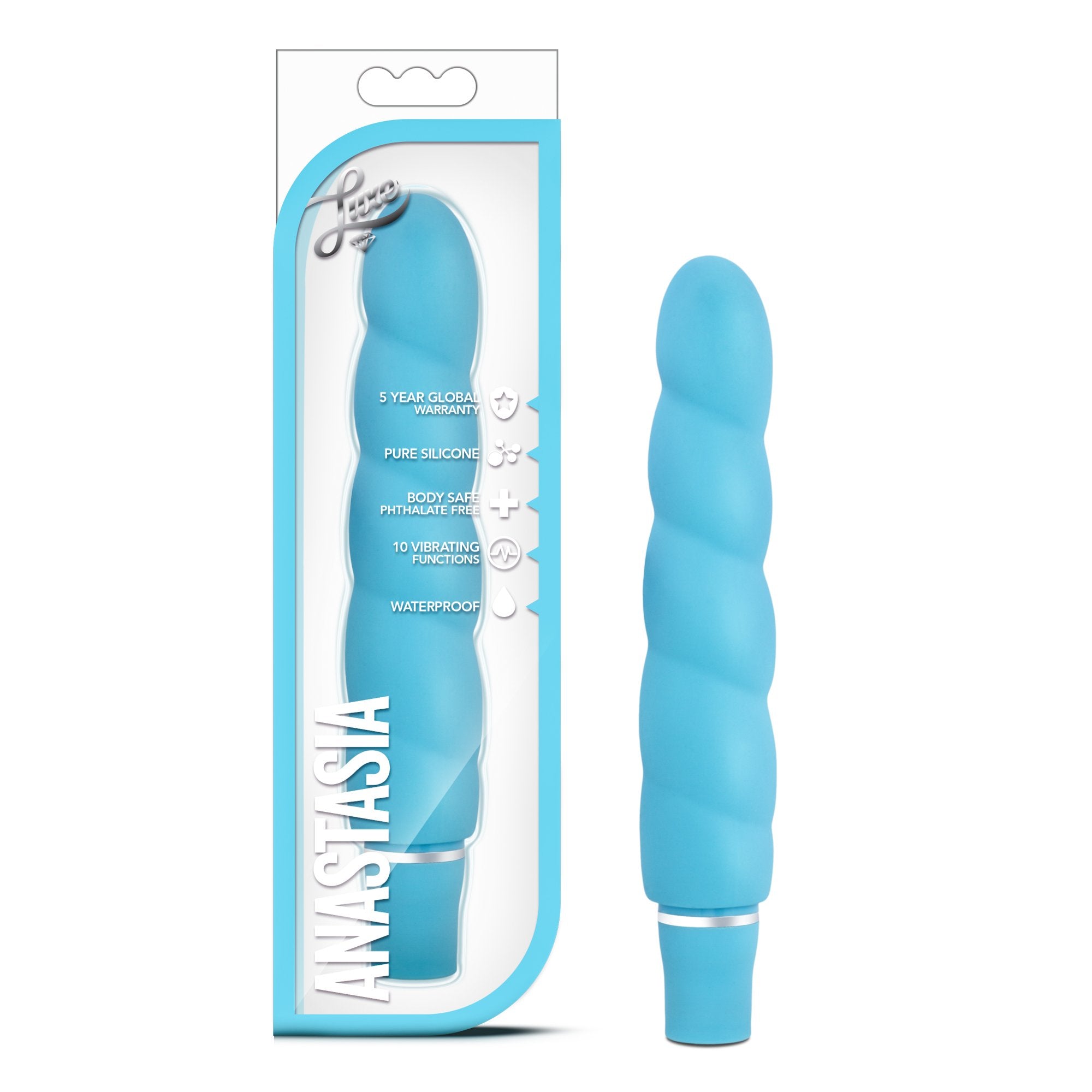 Blush Novelties Luxe Anastasia - 6 1/2 Inch 10 Vibrating Spiral Platinum Silicone AA Battery Powered Vibrator - Ribbed Stimulato