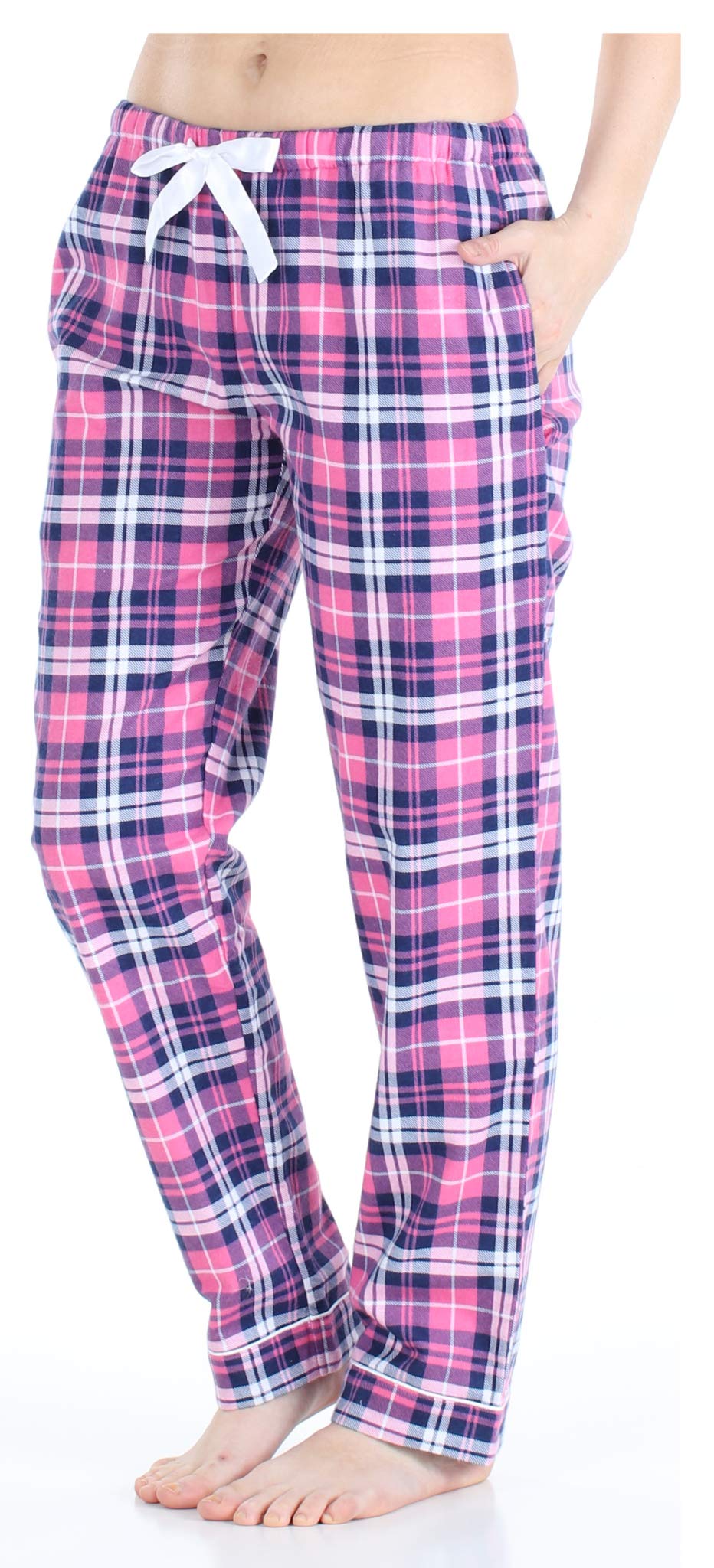 PajamaMania Womens Cotton Flannel Pajama PJ Pants with Pockets, Pink & Navy Plaid, X-Large
