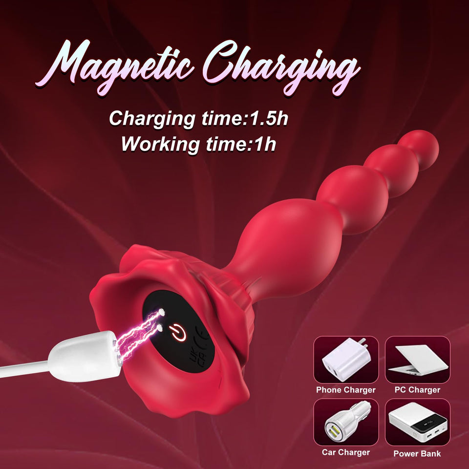 Rose Sex Toy Anal Beads,Vibrating Butt Plug with 9 Modes,Prostate Massager for Women & Men,Waterproof Silicone Rose Toy Sex Stim