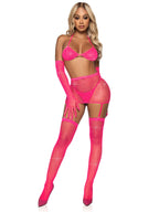 5 Pc Rhinestone Fishnet Garter Skirt Set With Bikini Top, G-String, Gloves, And Matching Stockings.