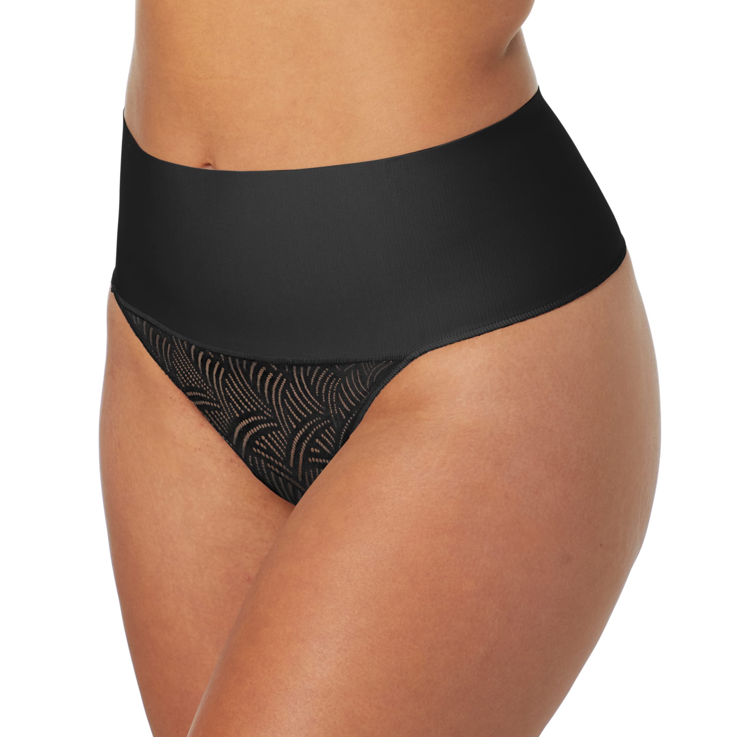 Maidenform Womens Tame Your Tummy Panties, Firm Control Shapewear Thong, Cool Comfort, Black Swing Lace, XX Large