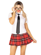 4Pc.Private School Sweetie Shirt Pleated Skirt Neck Piece Faux Frame Medium White/Red