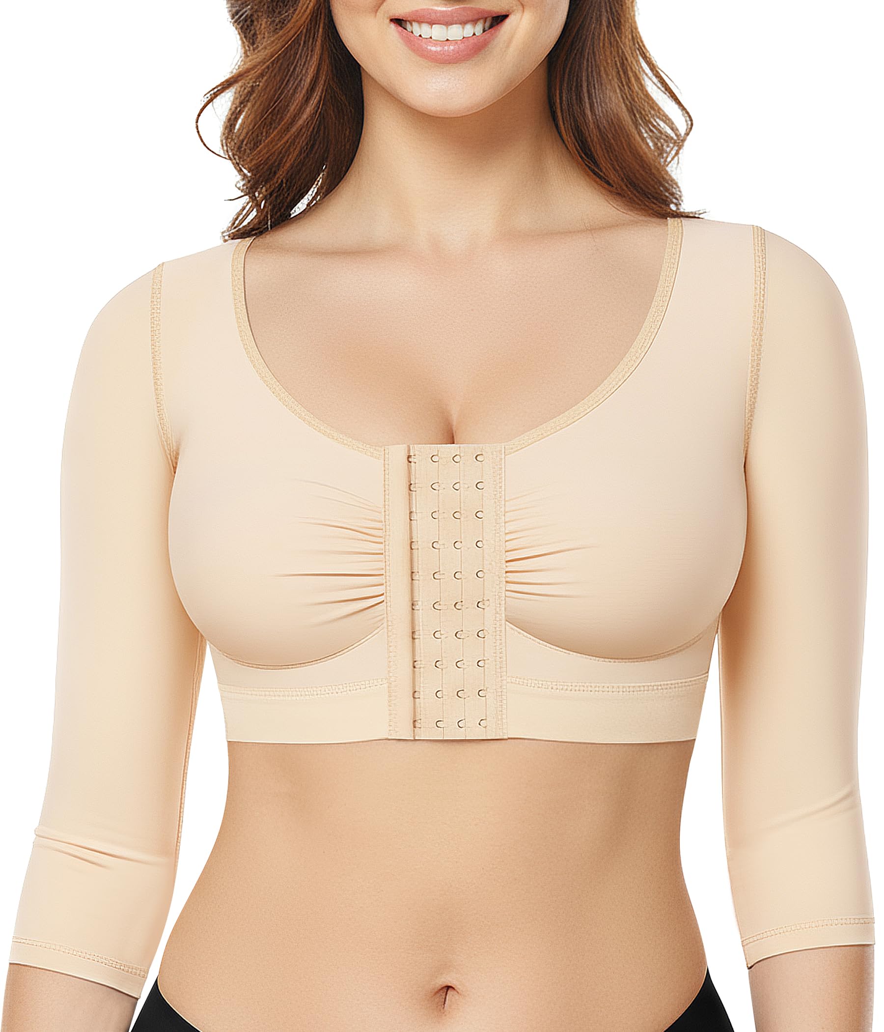 BRABIC Upper Arm Shaper for Women Fajas Post Surgery Compression Sleeves Front Closure Bra Arm Lipo Shapewear Tops(Beige, Large)